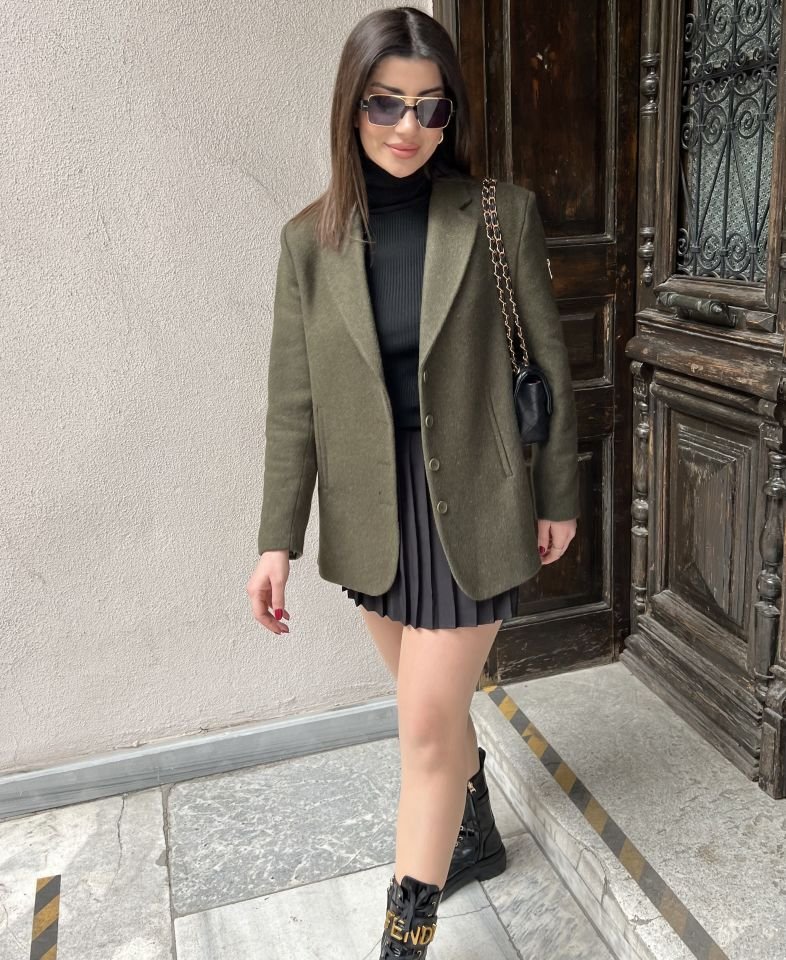 Haki Fermuar Detay Kaşe Blazer Ceket