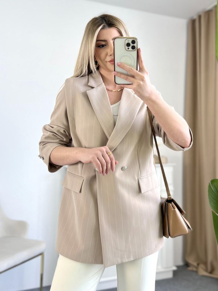 Vizon Çizgili Düğme Detay Blazer Ceket
