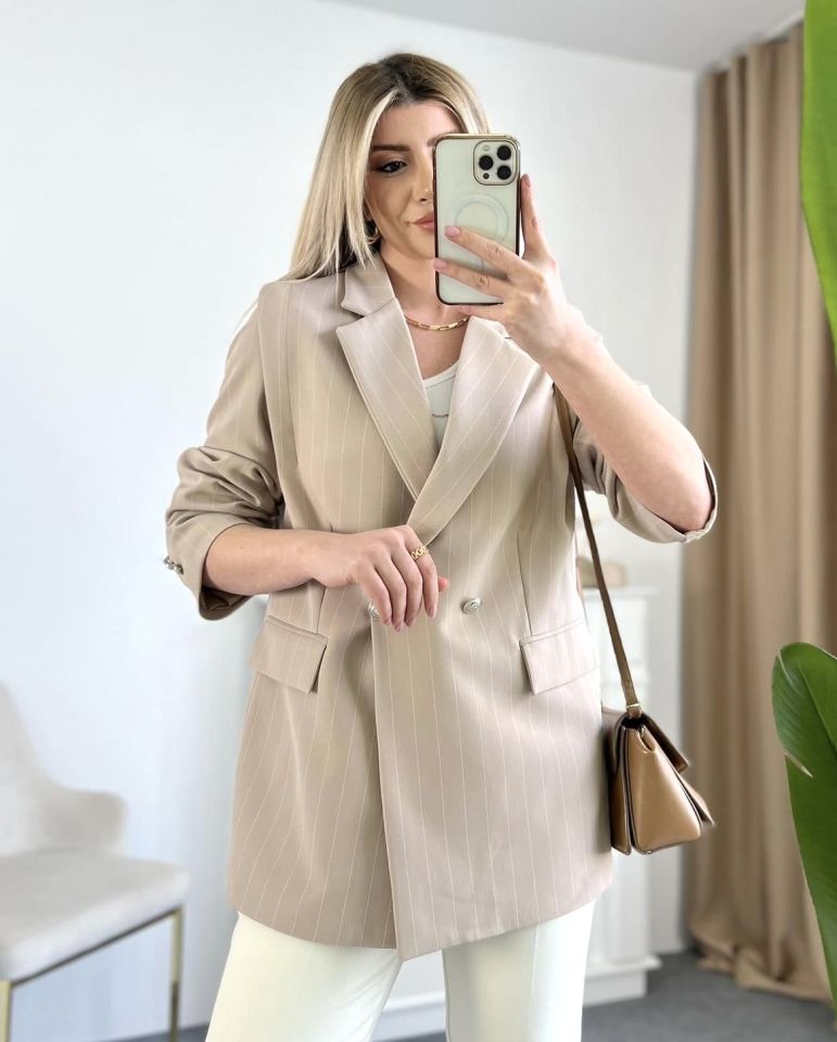 Vizon Çizgili Düğme Detay Blazer Ceket