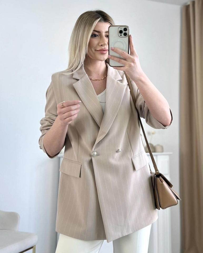 Vizon Çizgili Düğme Detay Blazer Ceket