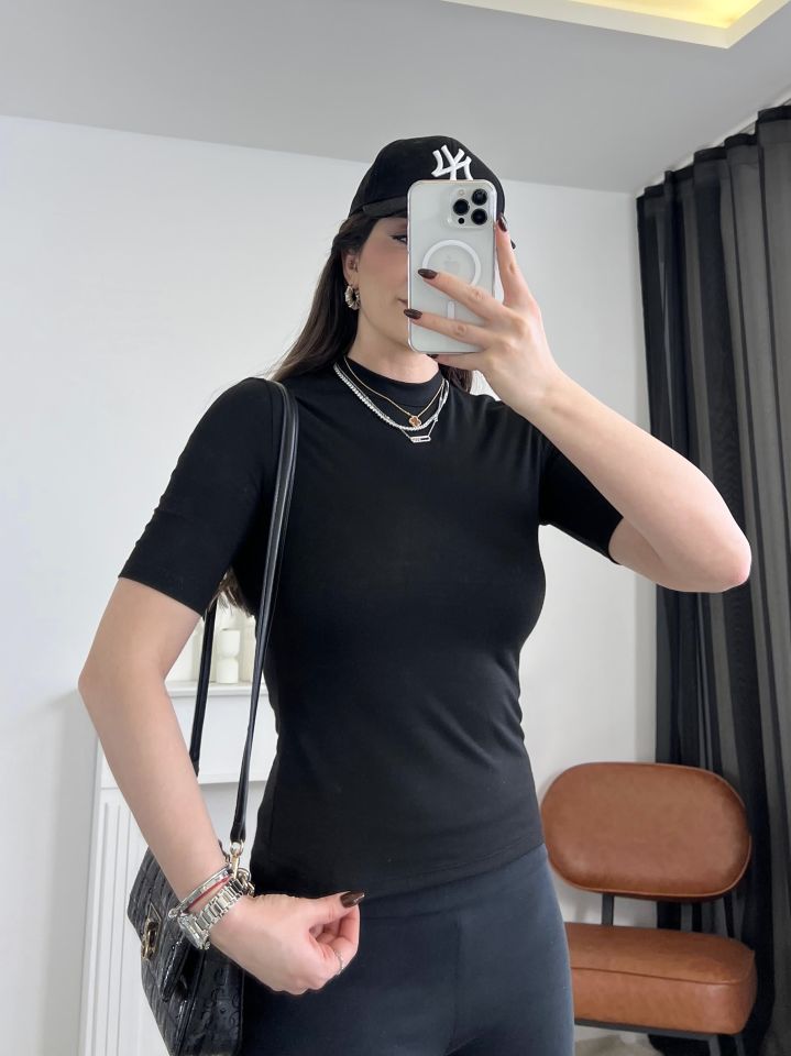 Siyah Mini Dik Yaka Basic Bluz
