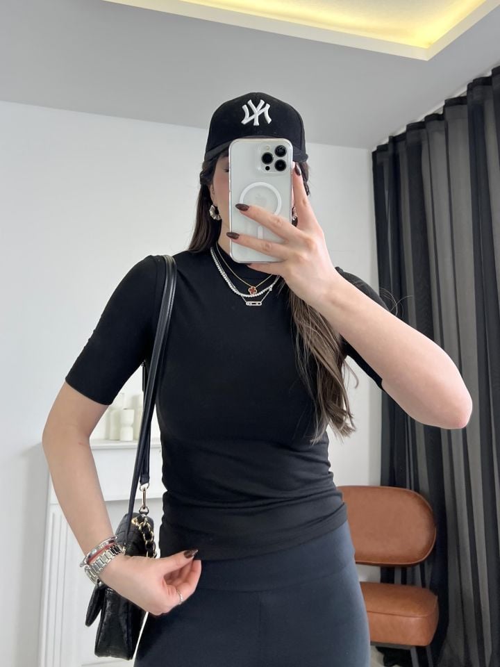 Siyah Mini Dik Yaka Basic Bluz