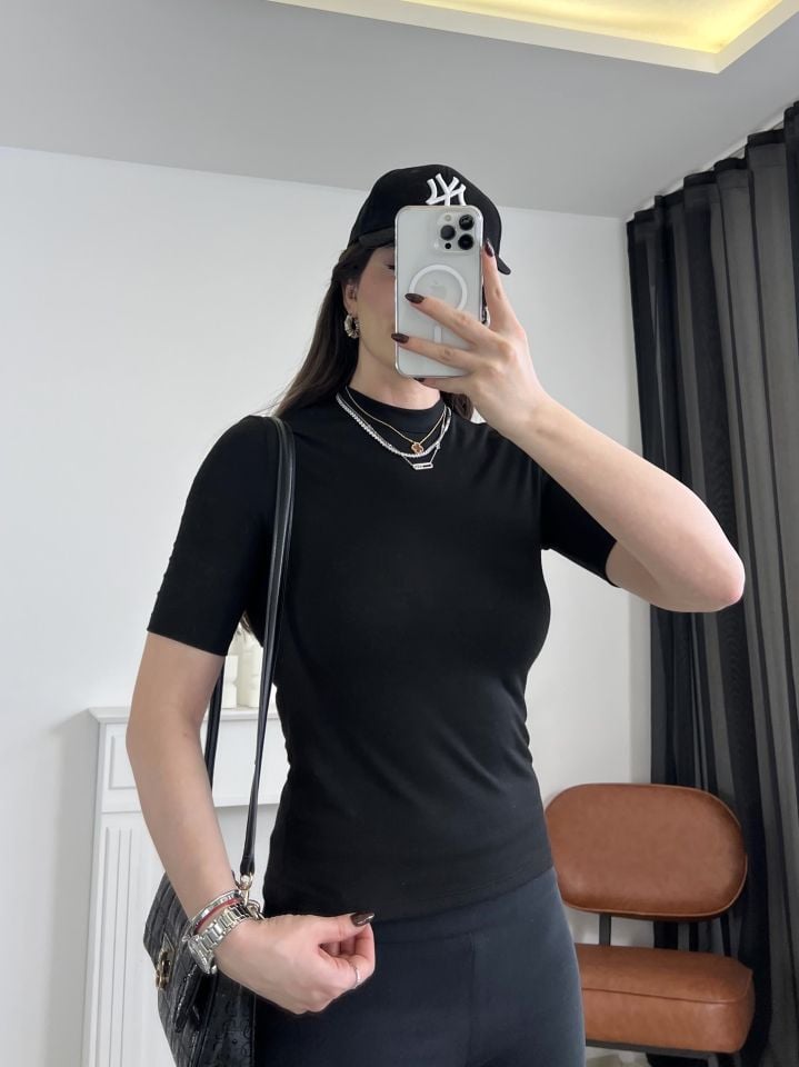 Siyah Mini Dik Yaka Basic Bluz