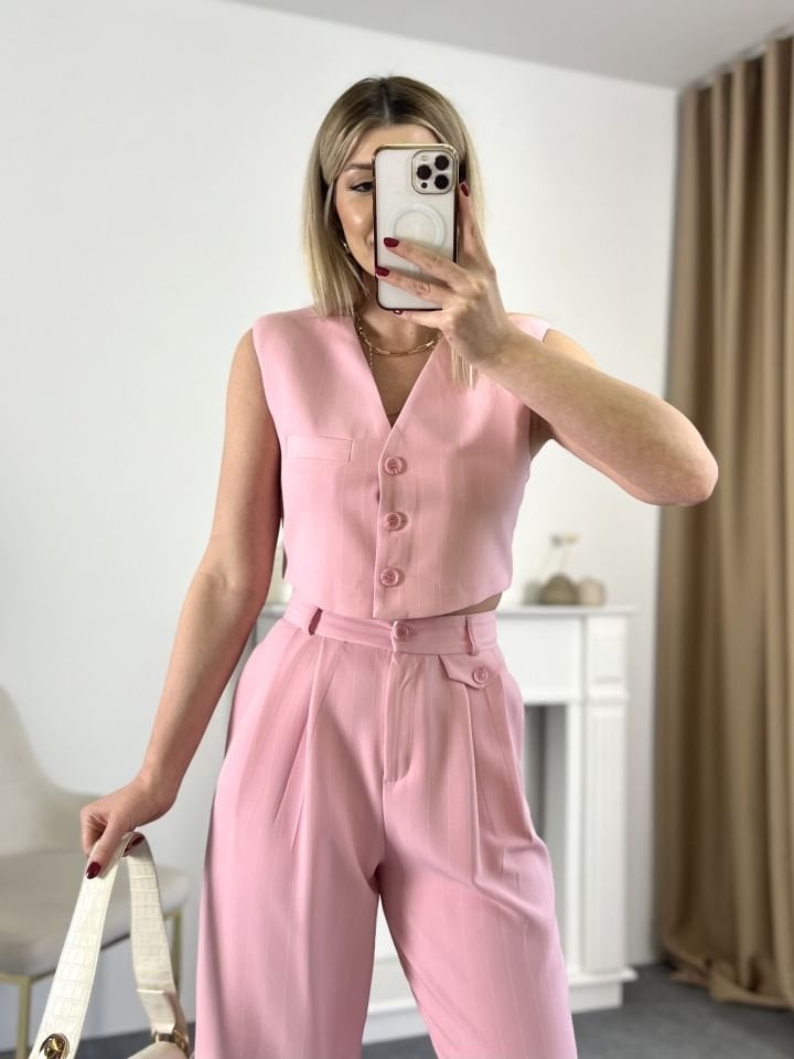 Pembe Çizgili Yelek Pantolon Takım