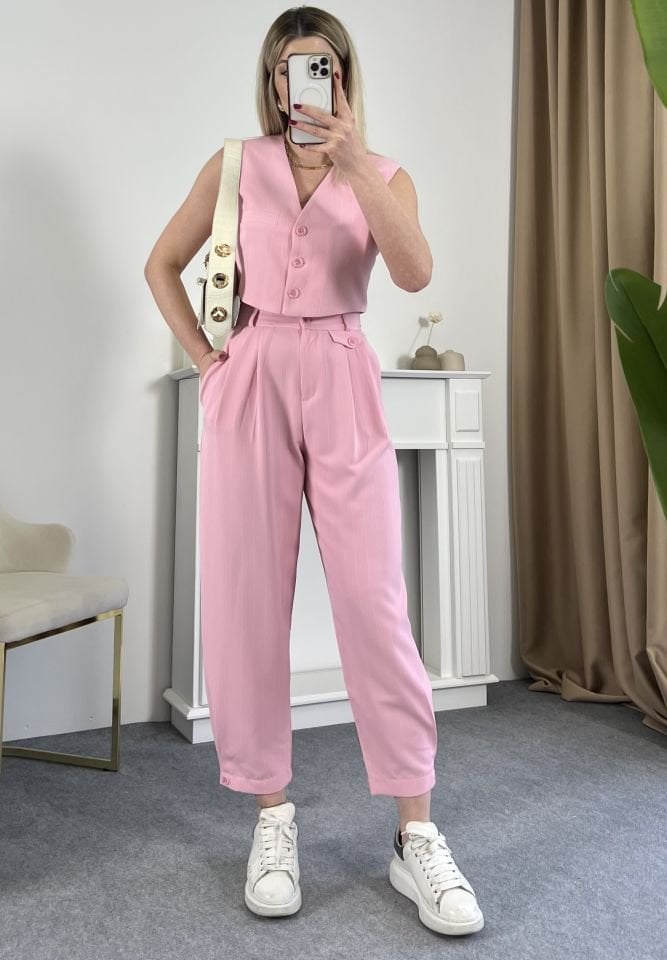 Pembe Çizgili Yelek Pantolon Takım