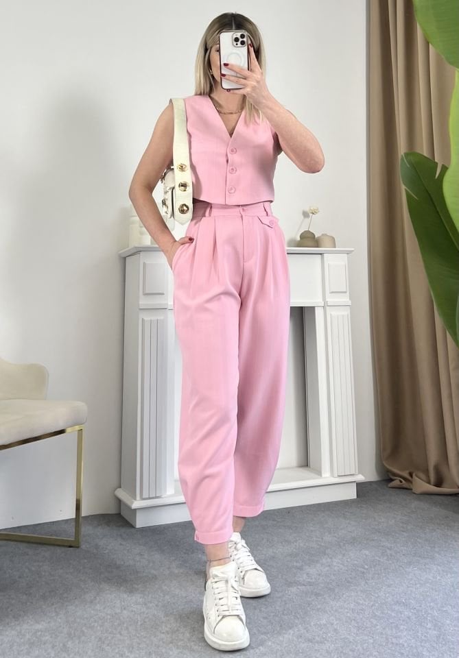 Pembe Çizgili Yelek Pantolon Takım