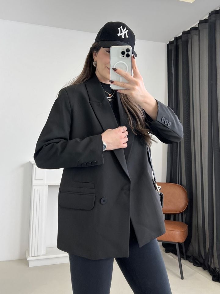 Siyah Tek Düğme Blazer Ceket