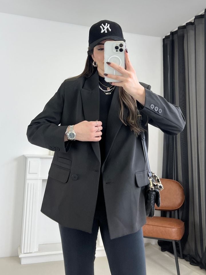 Siyah Tek Düğme Blazer Ceket