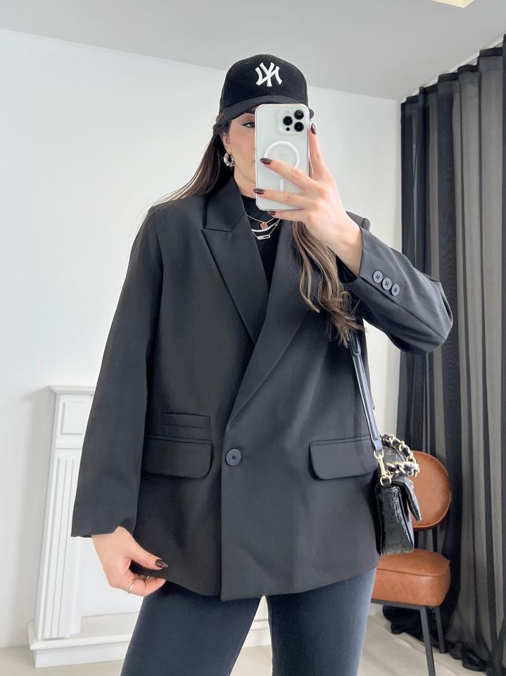 Siyah Tek Düğme Blazer Ceket
