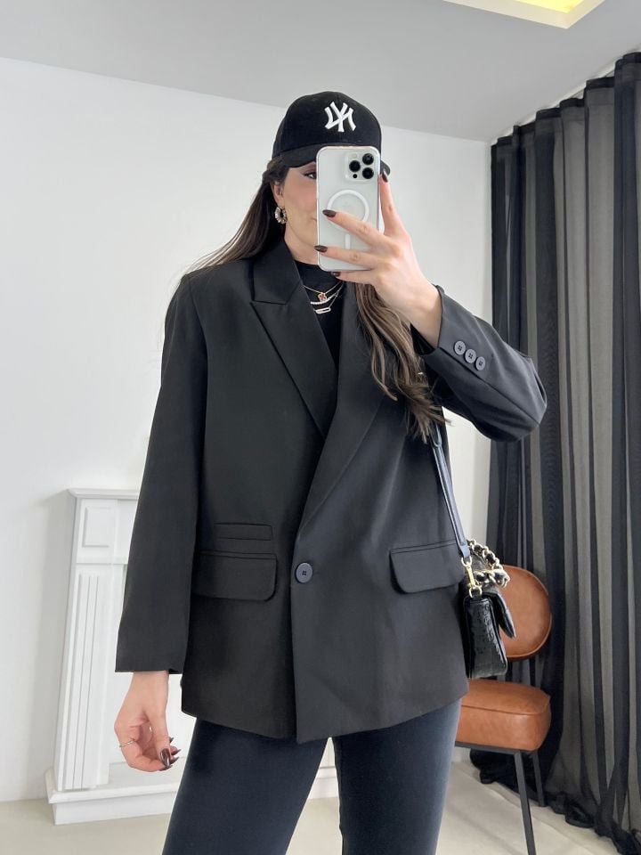 Siyah Tek Düğme Blazer Ceket