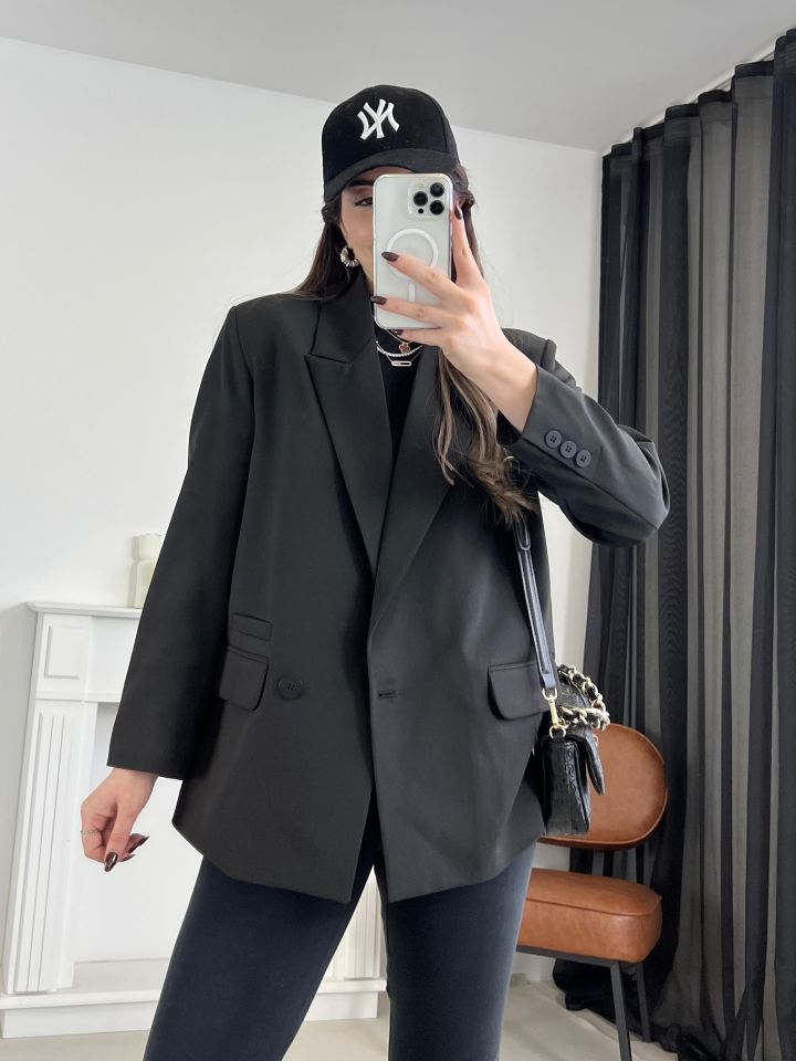 Siyah Tek Düğme Blazer Ceket