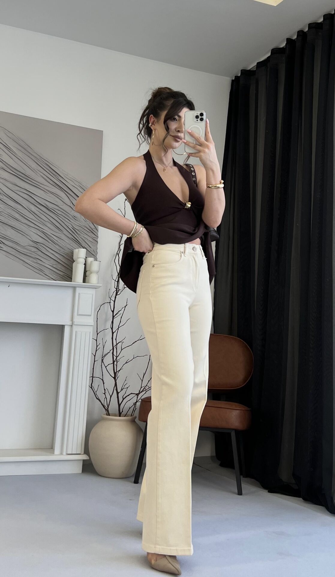 Ultra Yüksek Bel Straight Bej Jean