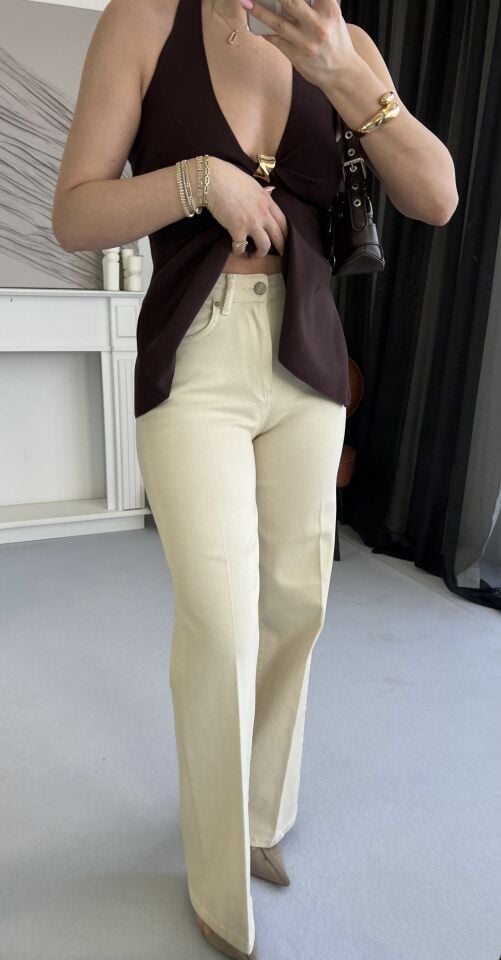 Ultra Yüksek Bel Straight Bej Jean