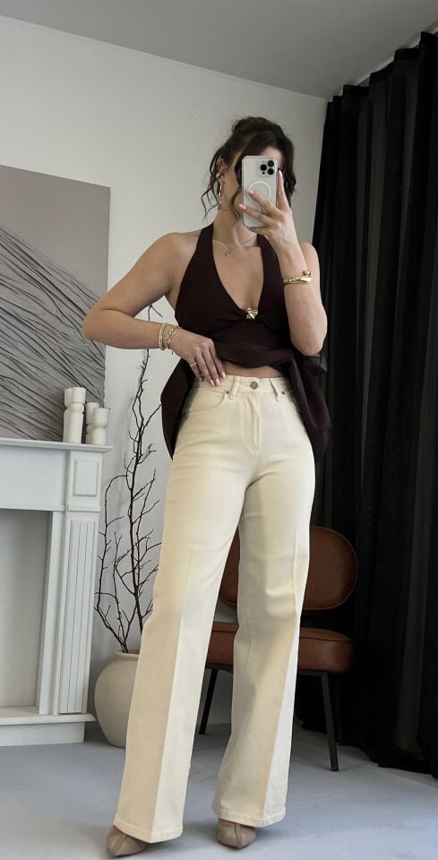 Ultra Yüksek Bel Straight Bej Jean
