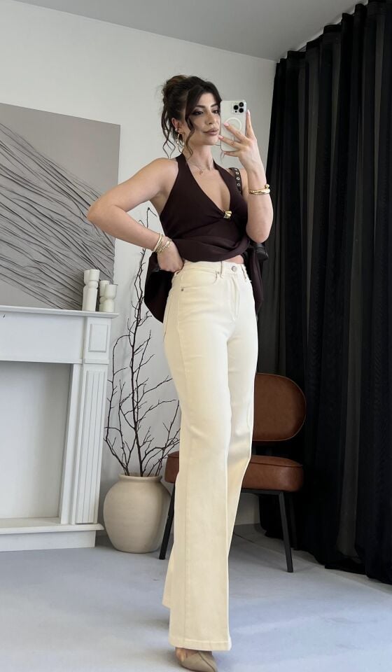 Ultra Yüksek Bel Straight Bej Jean