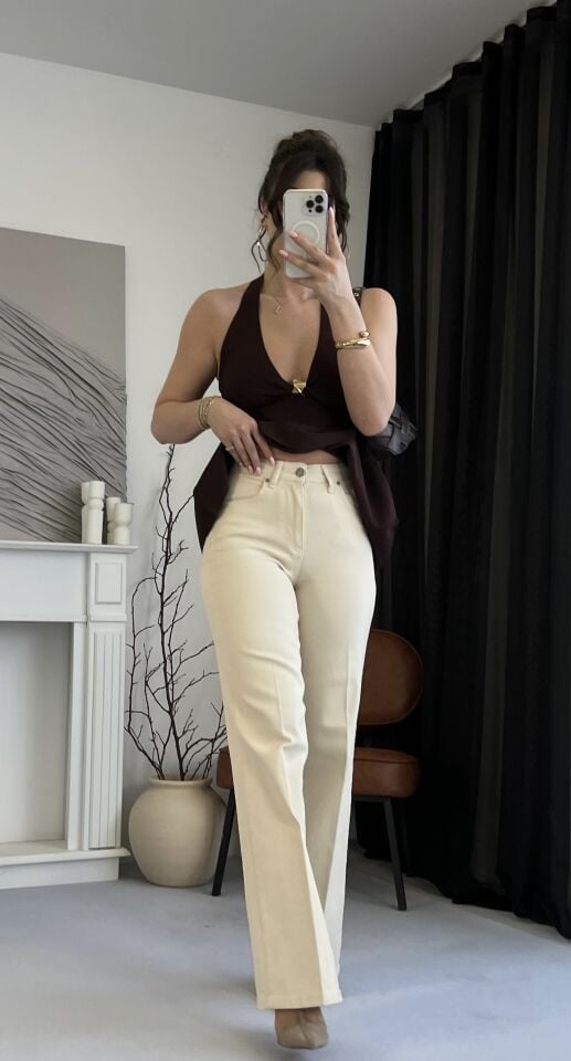 Ultra Yüksek Bel Straight Bej Jean
