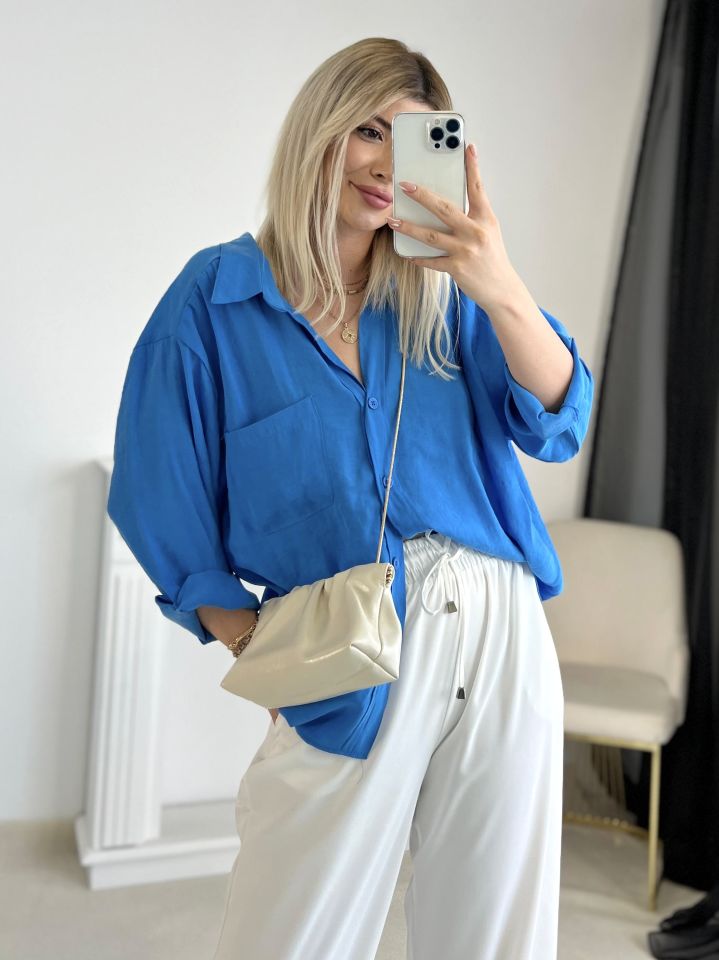 Saks Mavi Oversize Tensel Gömlek