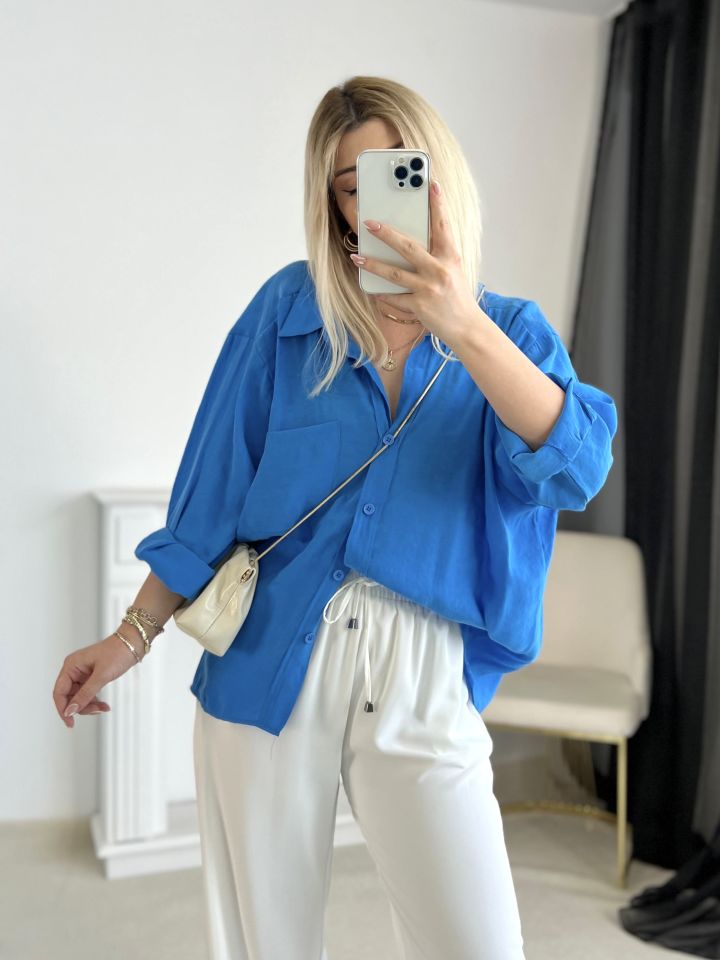 Saks Mavi Oversize Tensel Gömlek