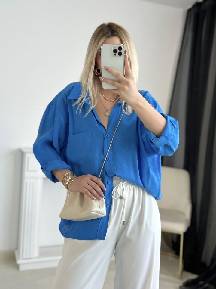 Saks Mavi Oversize Tensel Gömlek