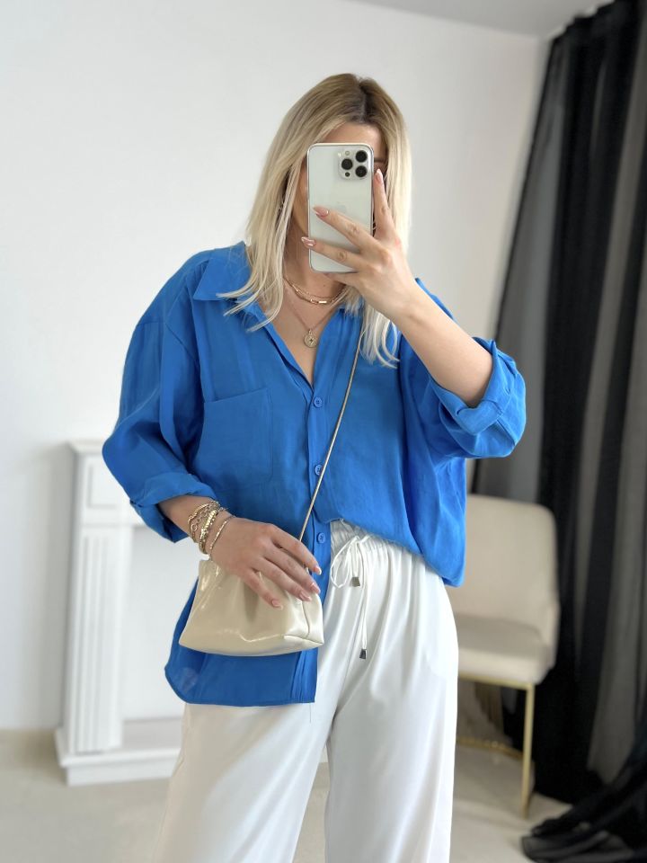 Saks Mavi Oversize Tensel Gömlek