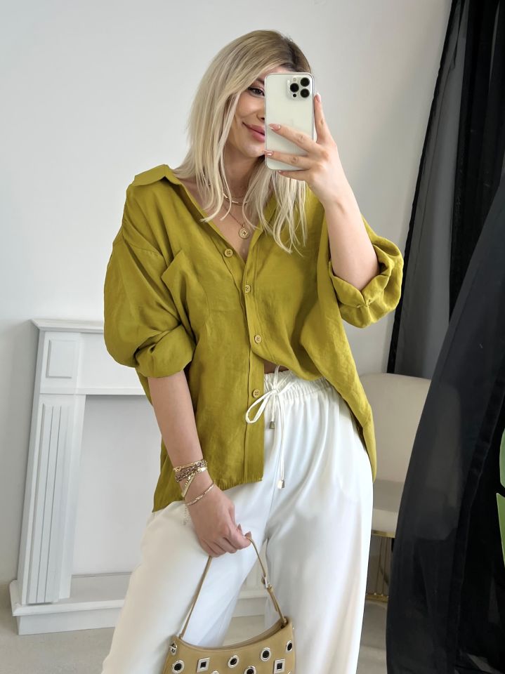 Yağ Yeşili Oversize Tensel Gömlek