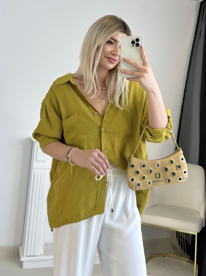 Yağ Yeşili Oversize Tensel Gömlek