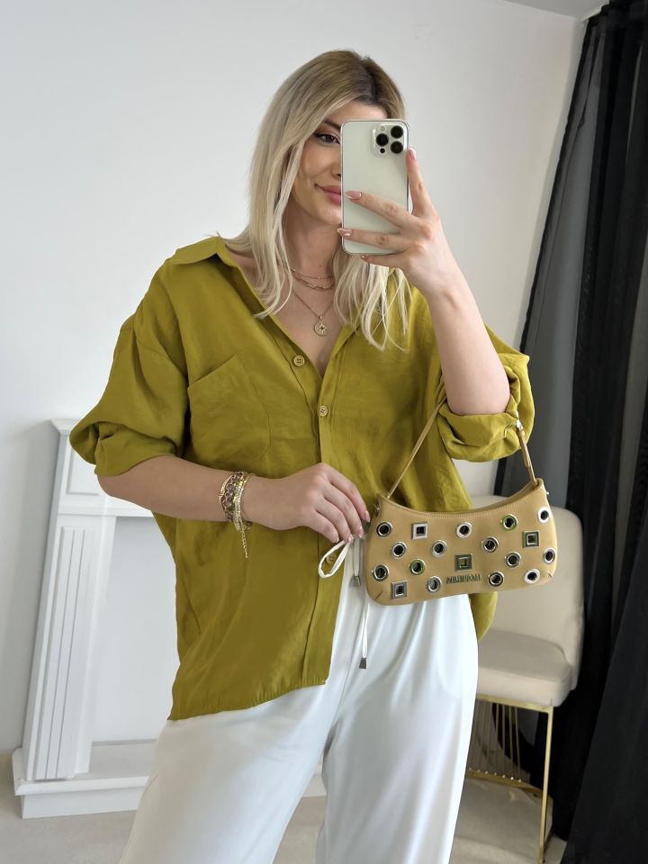 Yağ Yeşili Oversize Tensel Gömlek