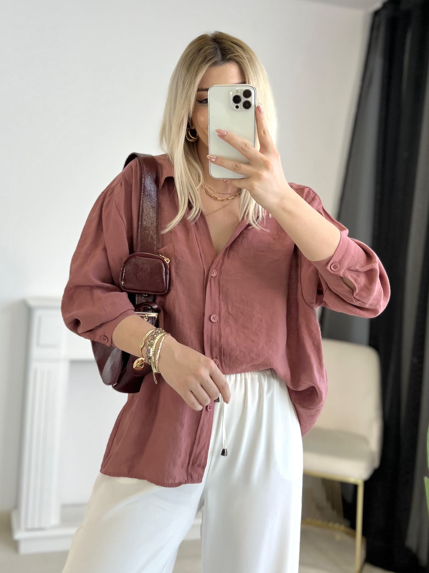 Gül Kurusu Oversize Tensel Gömlek