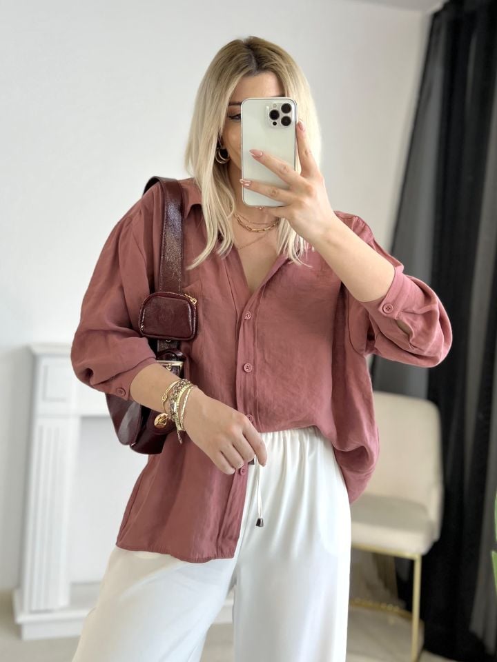 Gül Kurusu Oversize Tensel Gömlek