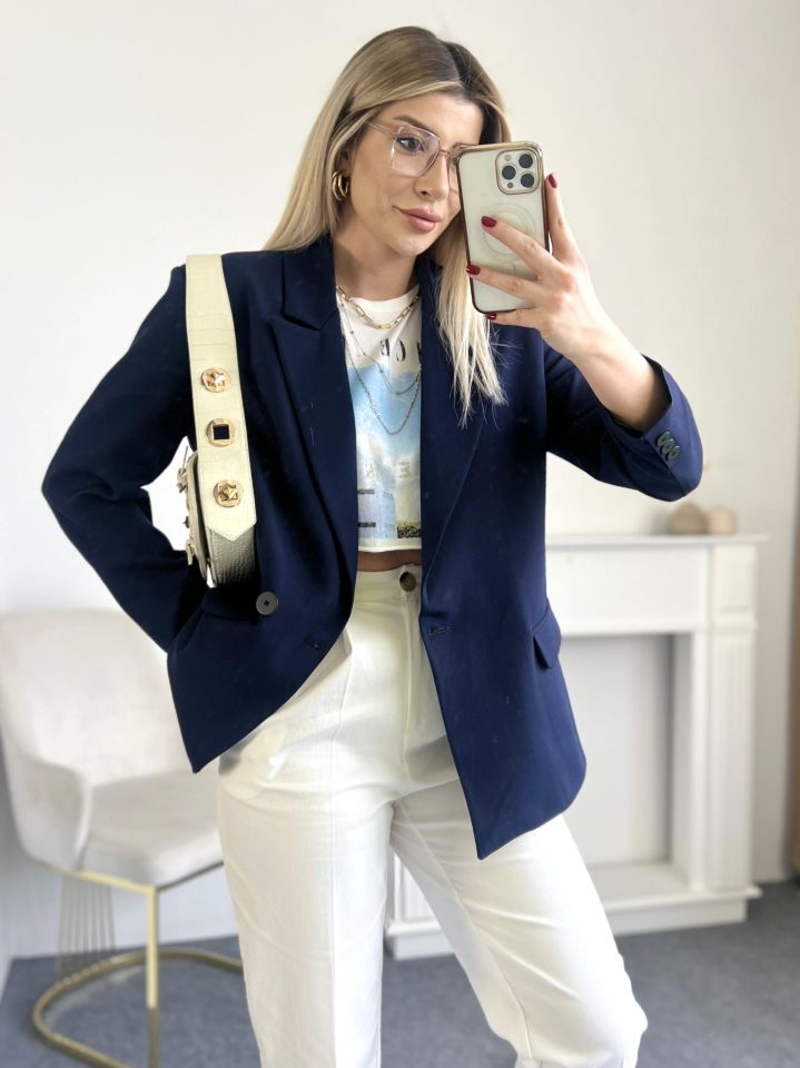 Lacivert Tek Düğme Kruvaze Blazer Ceket