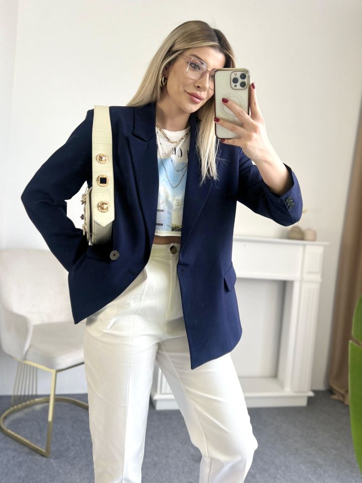 Lacivert Tek Düğme Kruvaze Blazer Ceket