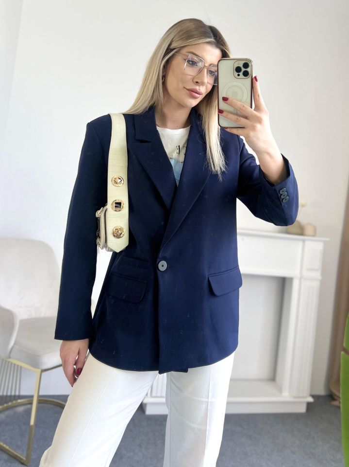 Lacivert Tek Düğme Kruvaze Blazer Ceket