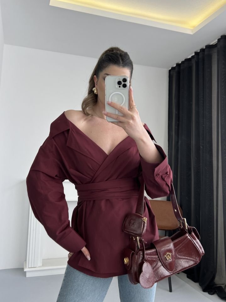 Tasarım Bordo Bağlamalı Gömlek
