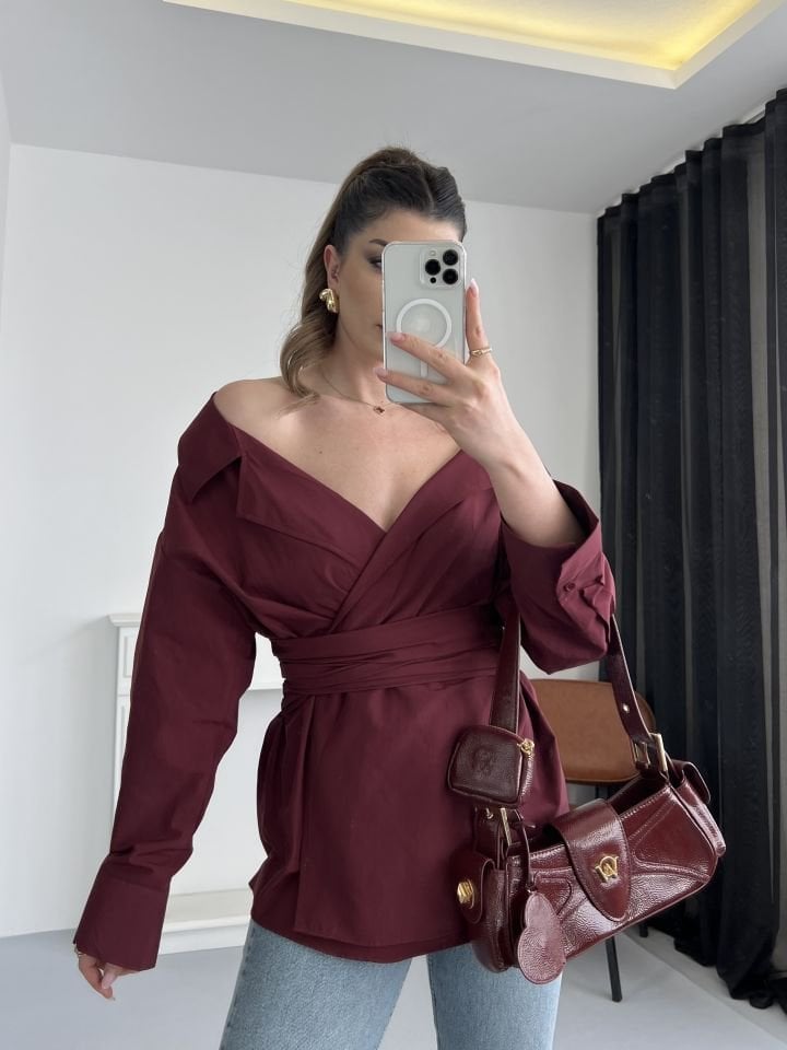 Tasarım Bordo Bağlamalı Gömlek