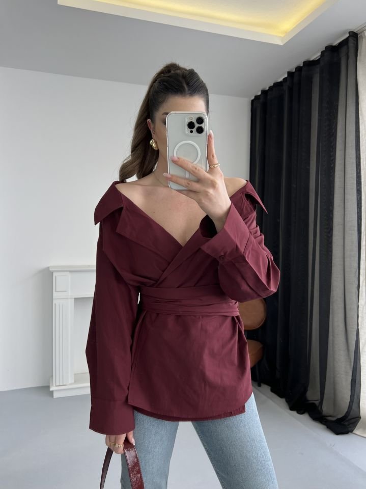 Tasarım Bordo Bağlamalı Gömlek