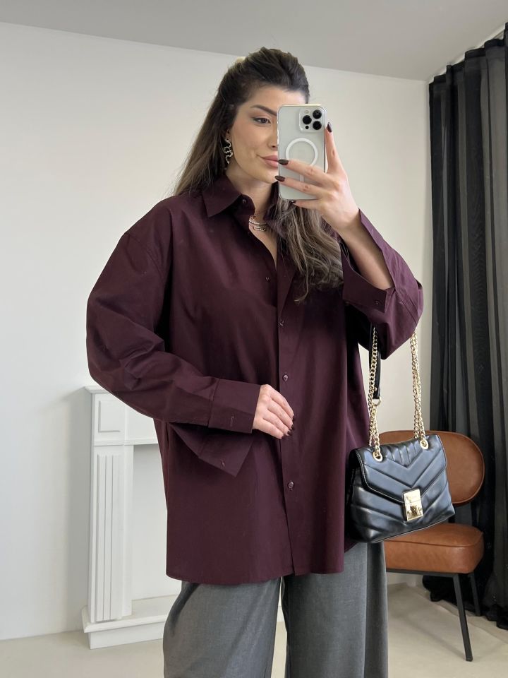 Bordo Oversize Poplin Gömlek