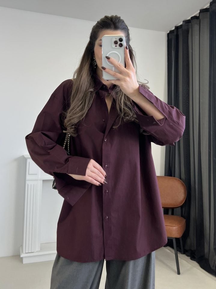 Bordo Oversize Poplin Gömlek