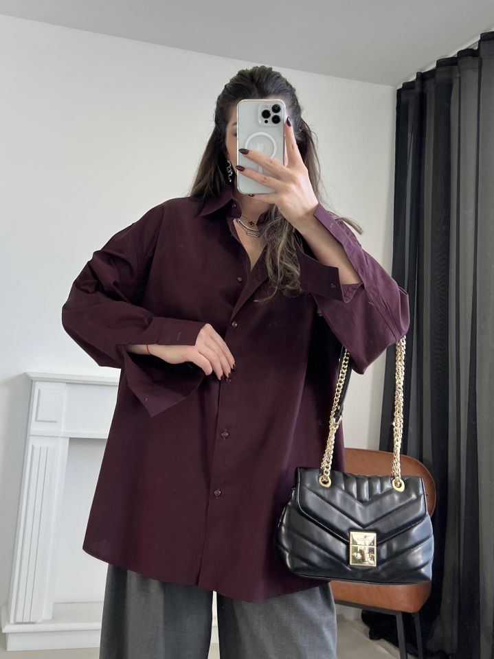 Bordo Oversize Poplin Gömlek