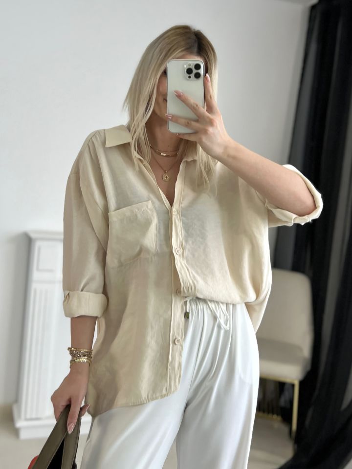 Krem Oversize Tensel Gömlek