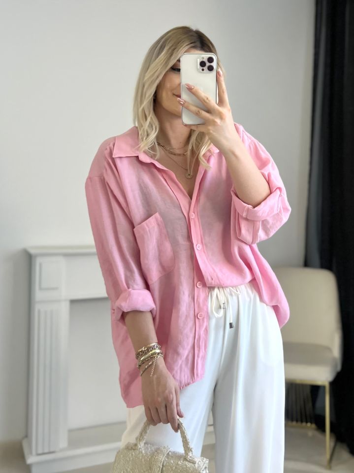 Şeker Pembe Oversize Tensel Gömlek