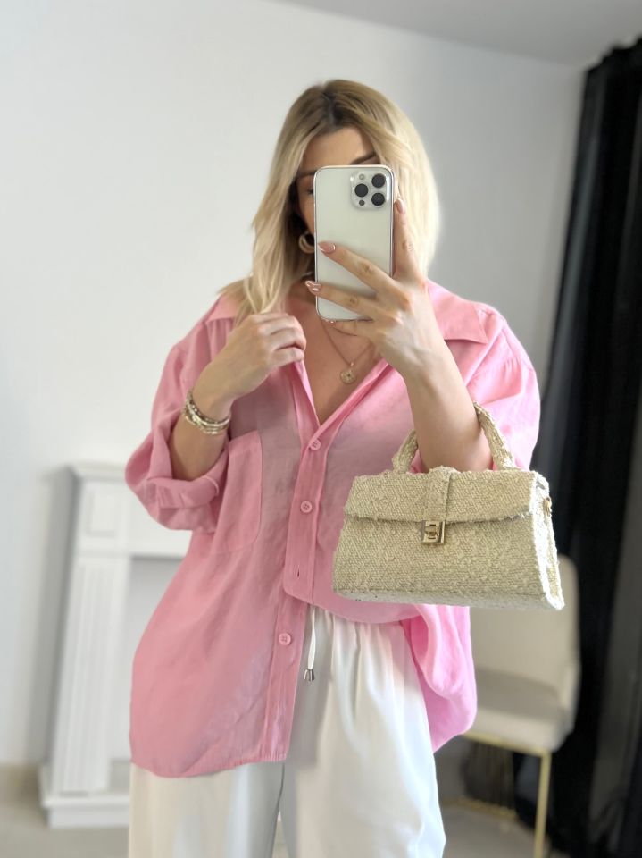 Şeker Pembe Oversize Tensel Gömlek