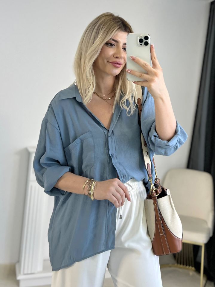 Buz Mavi Oversize Tensel Gömlek