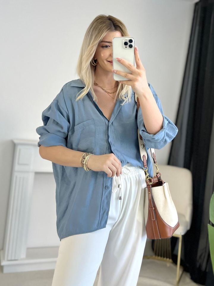Buz Mavi Oversize Tensel Gömlek