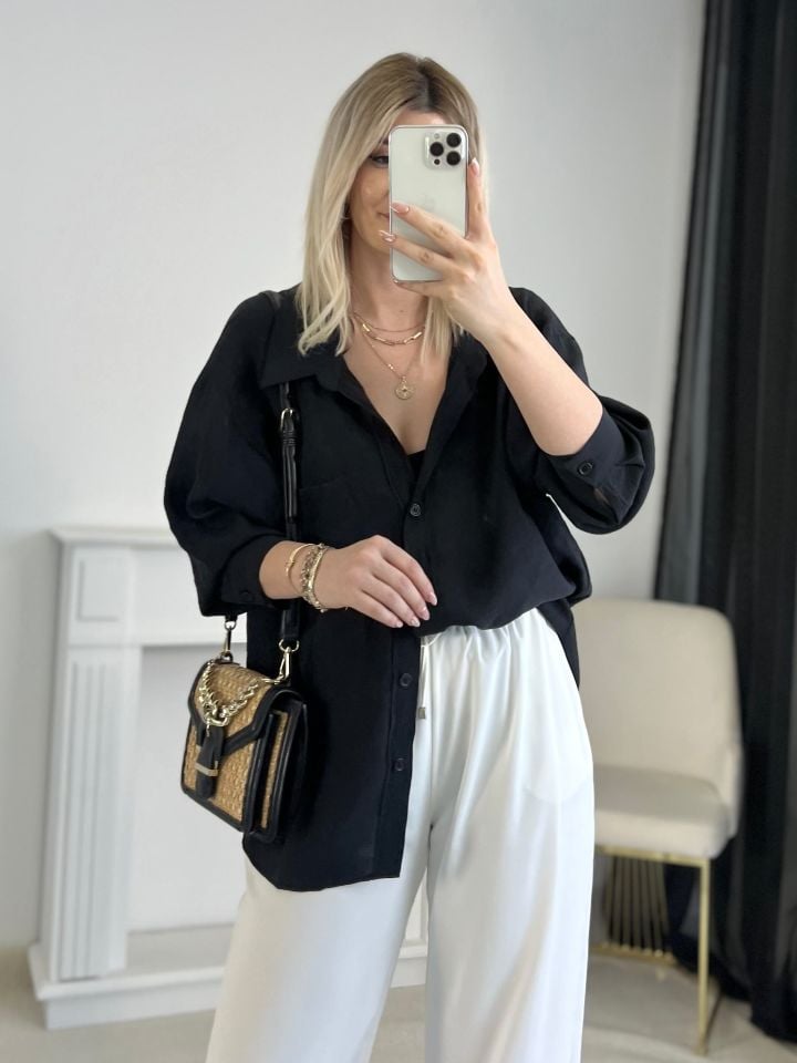 Siyah Oversize Tensel Gömlek