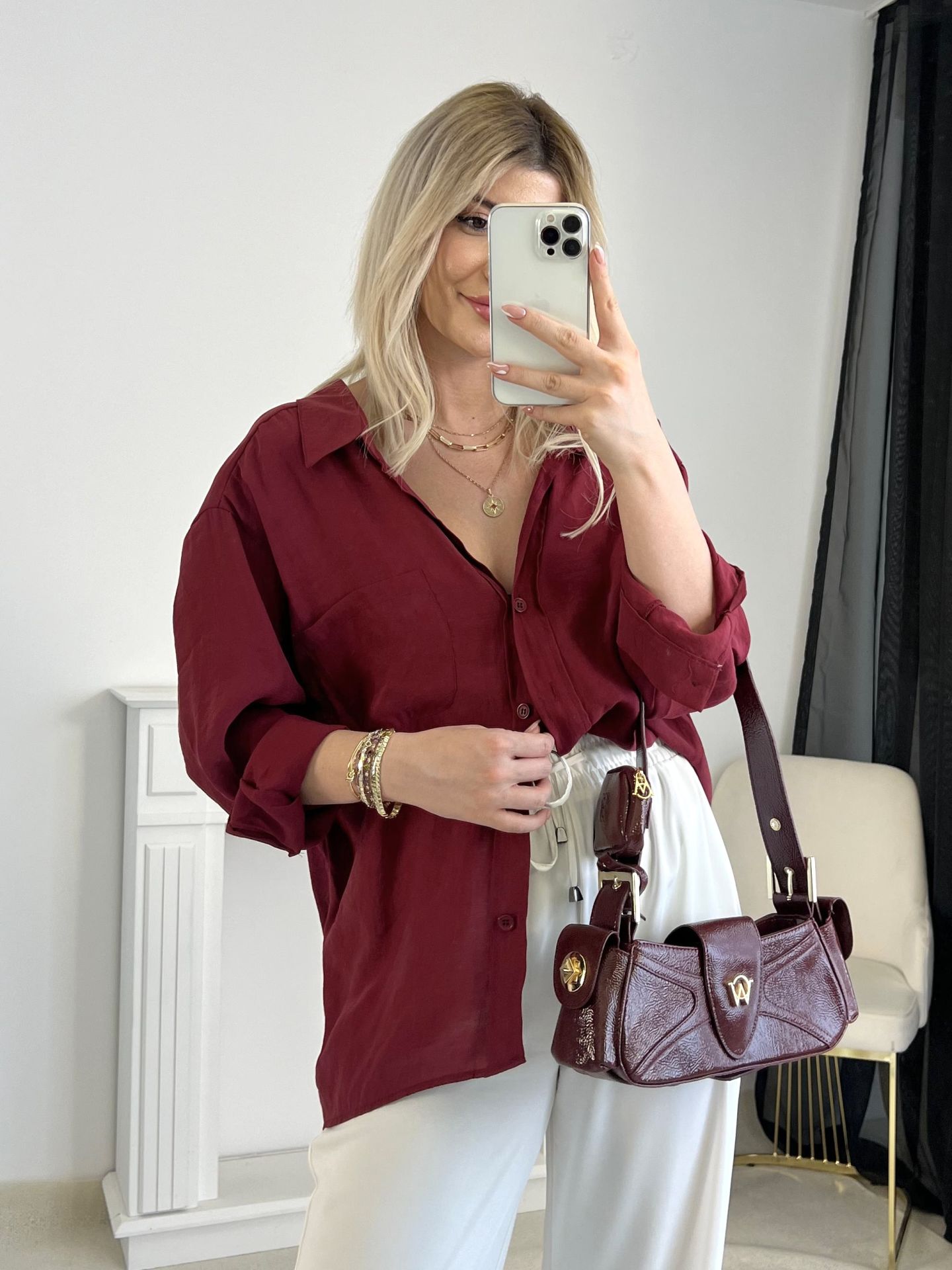 Bordo Oversize Tensel Gömlek