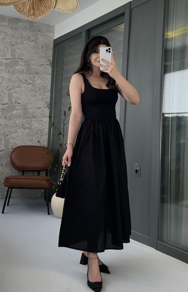 Poplin ve Penye Siyah Mix Elbise