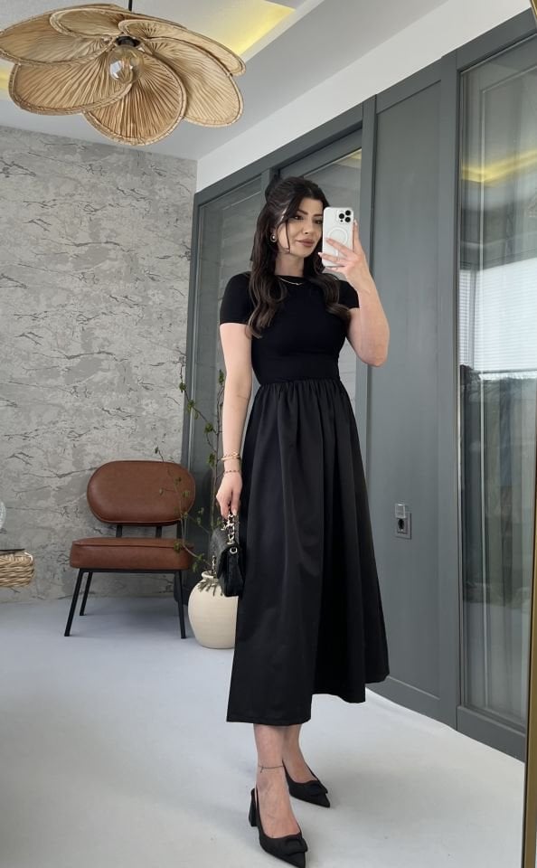 Poplin ve Penye Mix Siyah Yarım Kol Elbise
