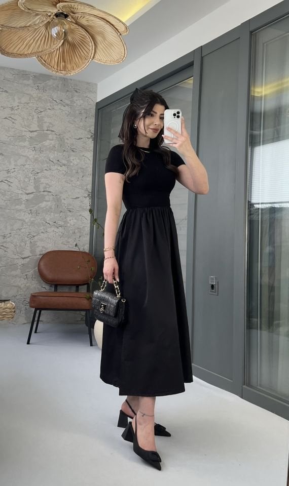 Poplin ve Penye Mix Siyah Yarım Kol Elbise
