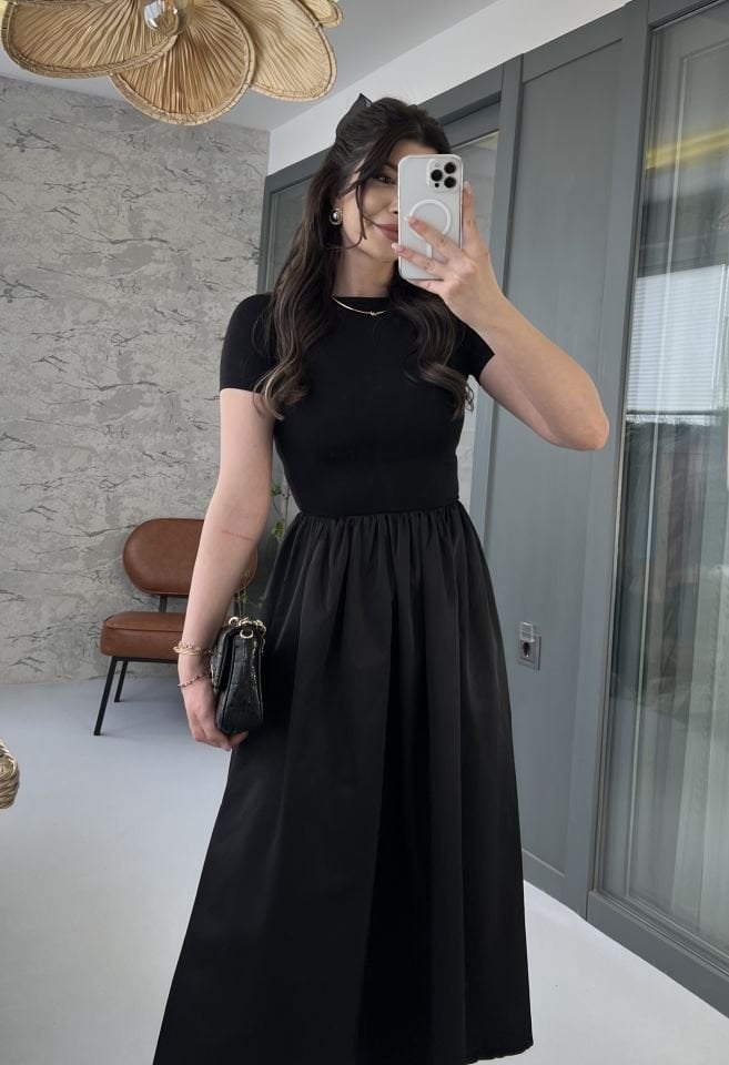 Poplin ve Penye Mix Siyah Yarım Kol Elbise