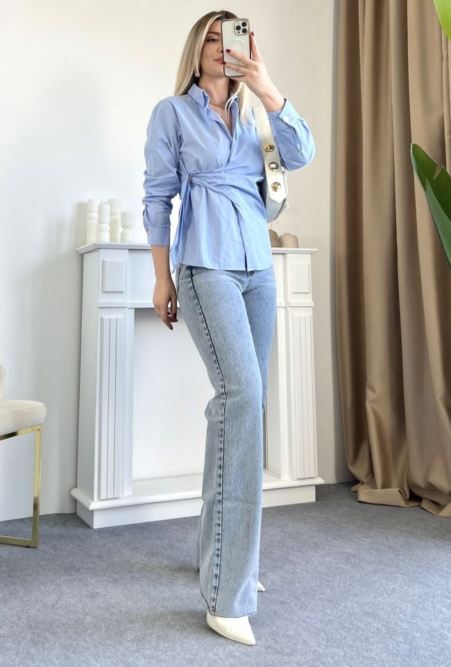 Buz Mavi Wide Leg Kalıp Jean Pantolon